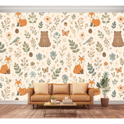 Wall Mural Peel and Stick Wallpaper Whimsical Woodland Foxes Bears Birds Floral Elements Self-Adhesive Removable Contact Paper Wall Decor for Living Room Bedroom 100"H x 144"W