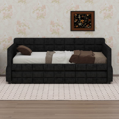 Lit de jour rembourré moderne avec lit gigogne escamotable, structure de canapé-lit en velours avec poches de rangement latérales, lit d'invité peu encombrant