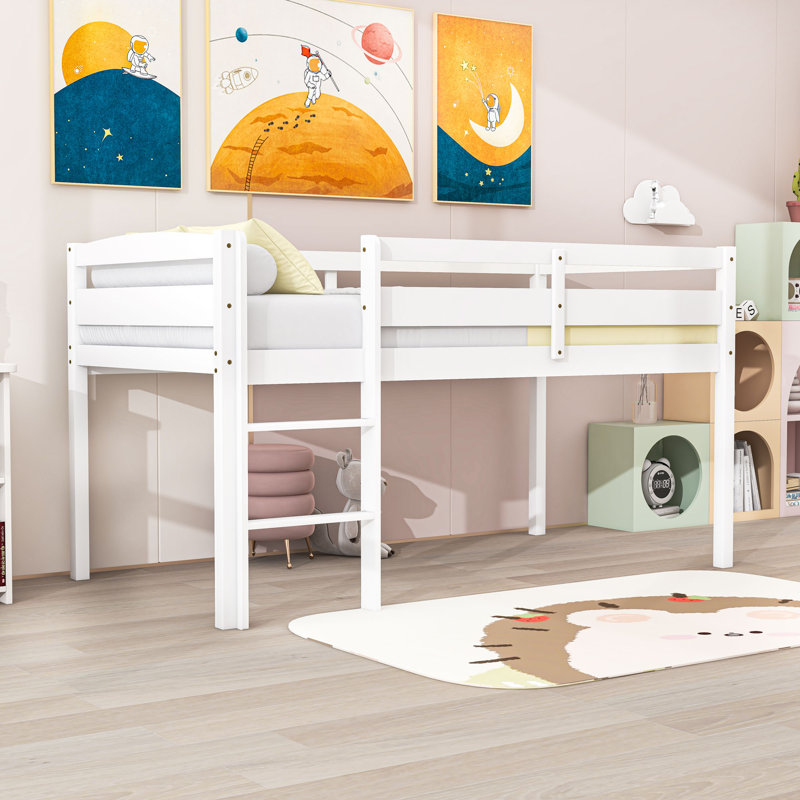 Twin Wood Loft Bed With Ladder & Guardrails, Low-Height Design, White