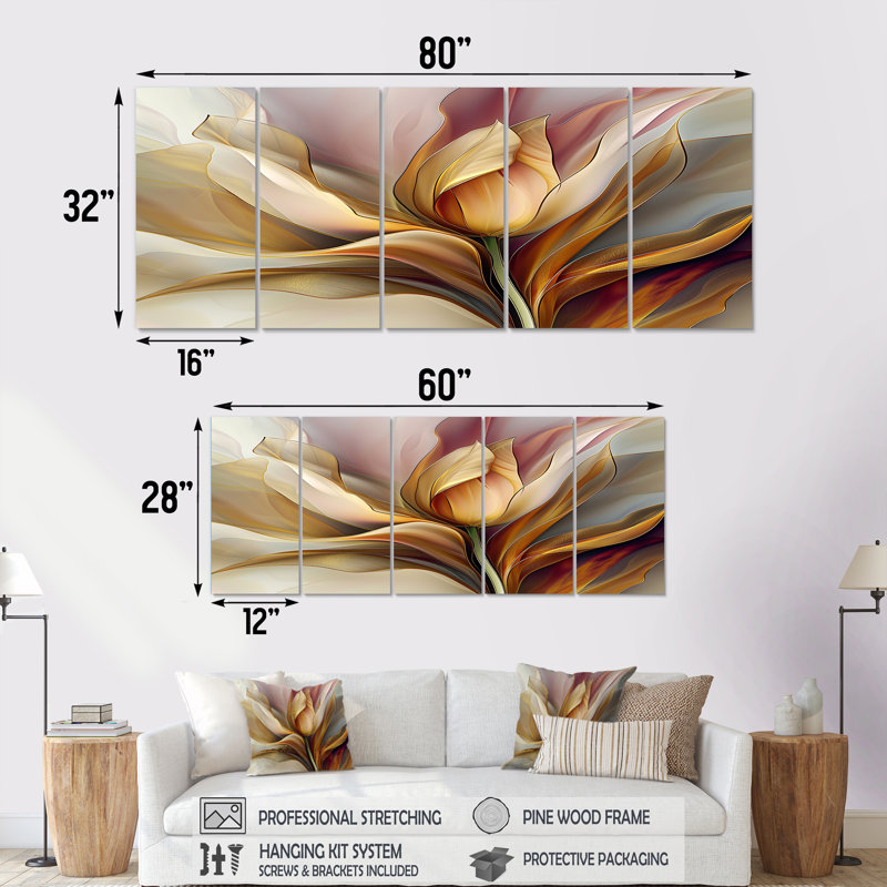 «Yellow Tulip Minimal Liquide I - Tulip», art mural sur toile 5 pièces, H 28 po x l 60 po