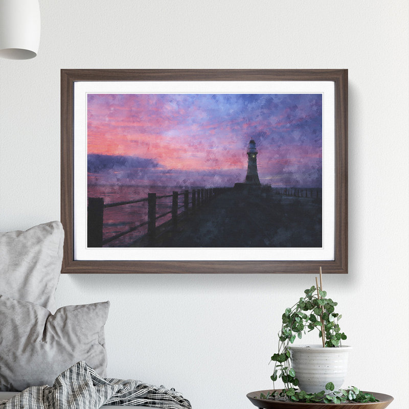 Lighthouse at Sunset - Picture Frame Graphic Art, Walnut Framed, 27cm H x 36cm W x 2cm D
