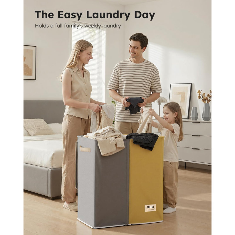 Large Double Laundry Hamper With Lid, Collapsible Clothes Hamper 2 Section With Removable Bags, Space-Saving Laundry Basket For Bedroom, Dorm, College