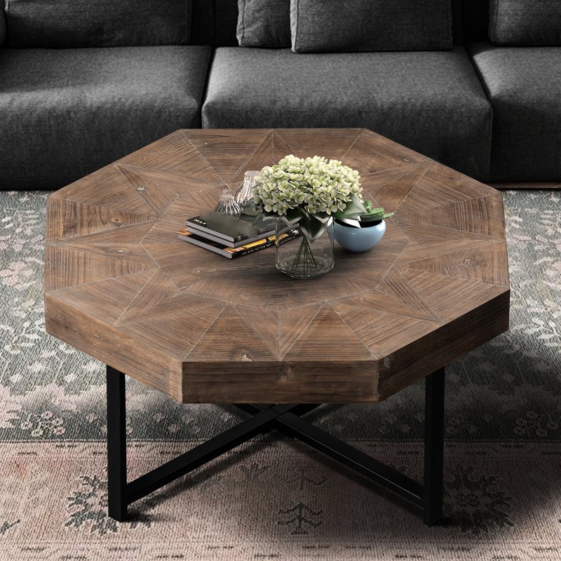 Table basse octogonale avec pieds en métal, design rétro brun antique pour le salon