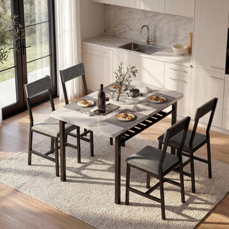 Modern Style 5-Piece Dining Table Set with Rectangular Faux Marble Top Dining Table and 4 Velvet Upholstered Dining Chairs, 4-Person Dining Set with Under-Table Storage