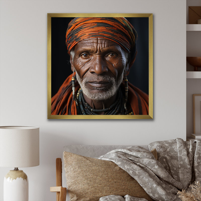 Portrait d'un chef tribal ébène sur toile, Cadre doré simple, H 16 po x l 16 po x P 1 po