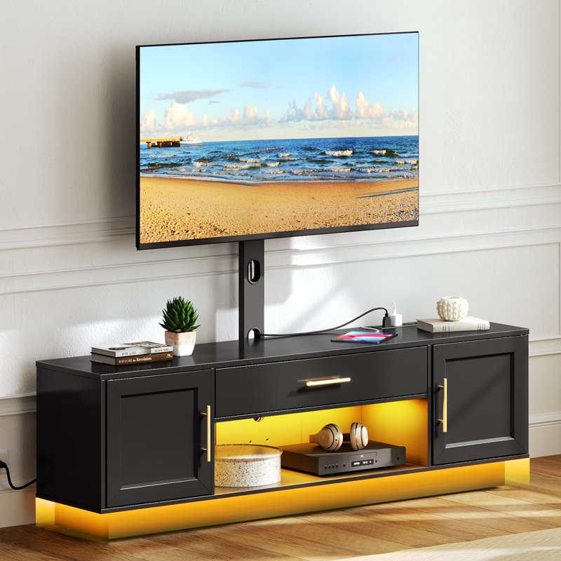 TV Stand with Swivel Mount and Power Outlet, LED Entertainment Center for TVs, Black, 53.9"H x 59.1"L x 15"W