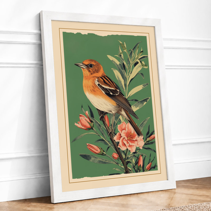 Bird On Flowering Branch Botanical - Print, A4 - 29.7 x 21.0 cm, White