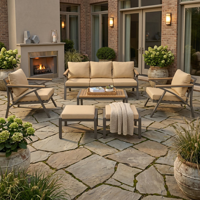 Ensemble de canapé de patio en bois d'acacia 6 pièces avec table basse et coussins bruns, Brun