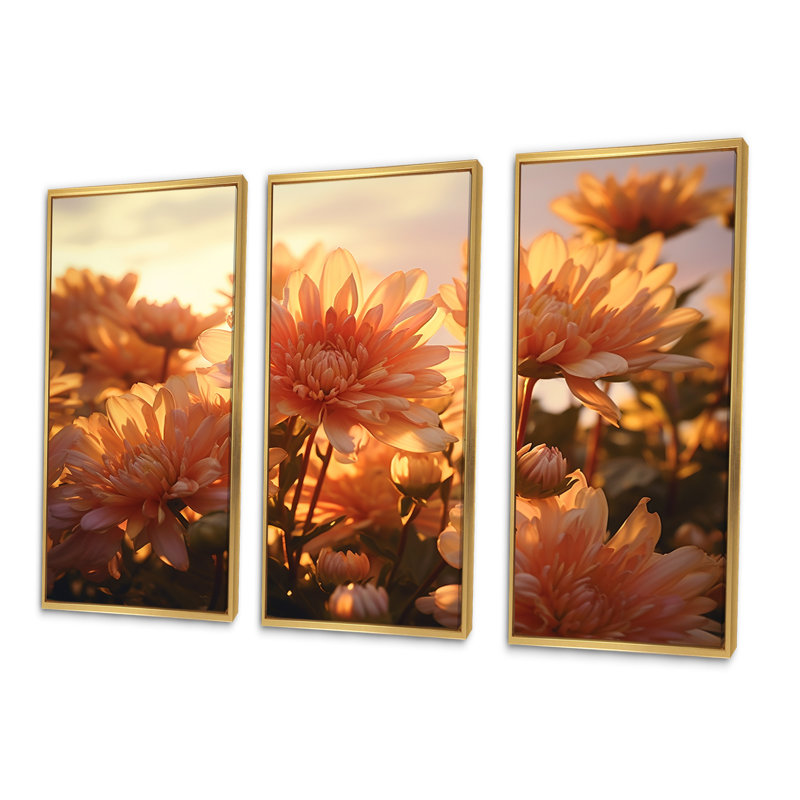 «Chrysanthemums Sunrise Field In Morning», ensemble d'art mural, Cadre flottant doré, H 28 po x l 36 po x P 1 po