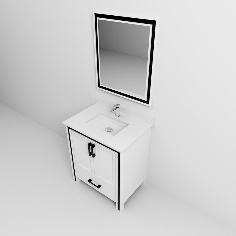 Ziva 30 in W x 22 in D Single Bath Vanity, White Top, 28 in Mirror and Chrome Faucet Set, White, White Quartz