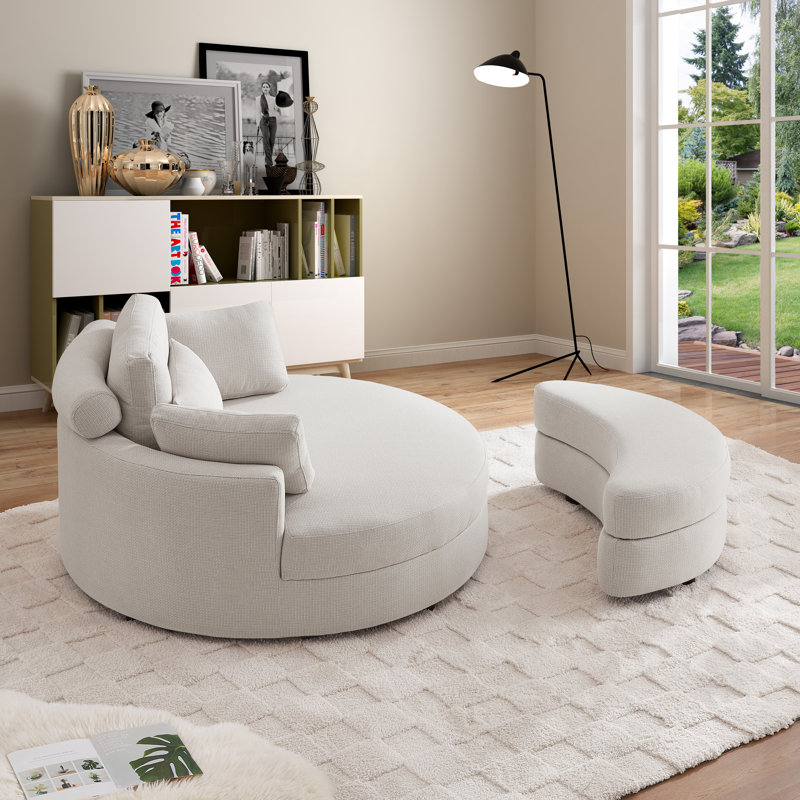 Dashton Upholstered Barrel Chair with Ottoman, Beige Linen