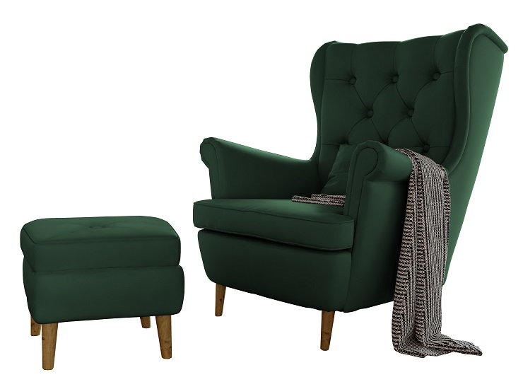 Lattingtown Wingback Chair with Footstool, Green Velvet