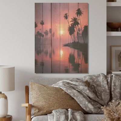 Lavande, lagon au coucher du soleil I - palmiers et palmiers, art sur bois de pin naturel