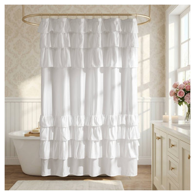 Ruffled 72" x 84" Shower Curtain in White Polyester Fabric