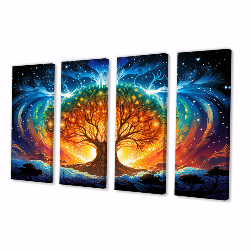 Arbre de vie bleu et orange - arbre, décoration murale 4 pièces, H 28 po x l 48 po