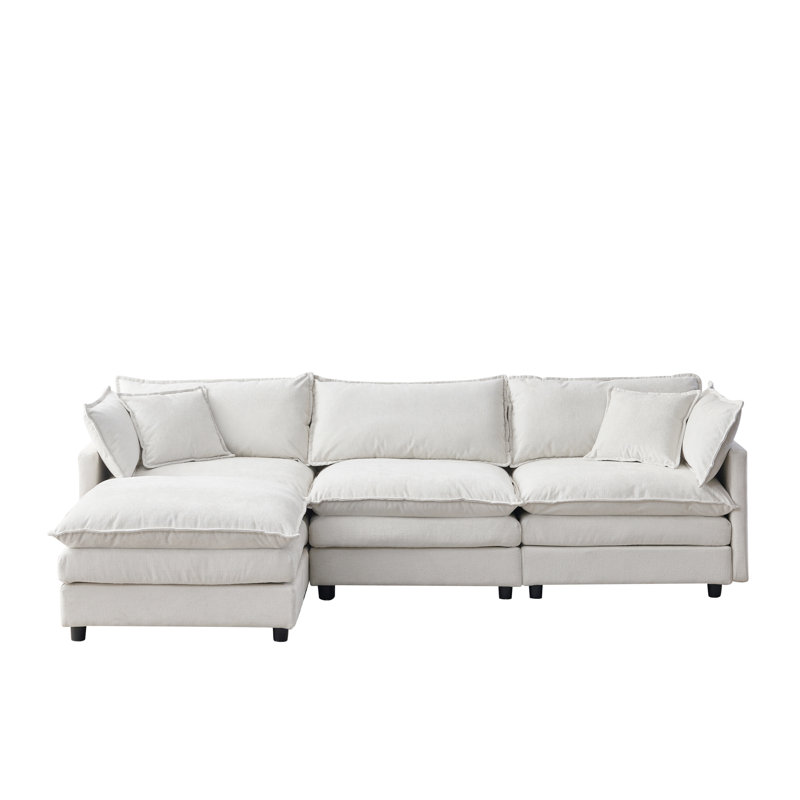 Spacious Beige Sectionals, Soft Chenille L-shape Sofa With Ottoman For Home