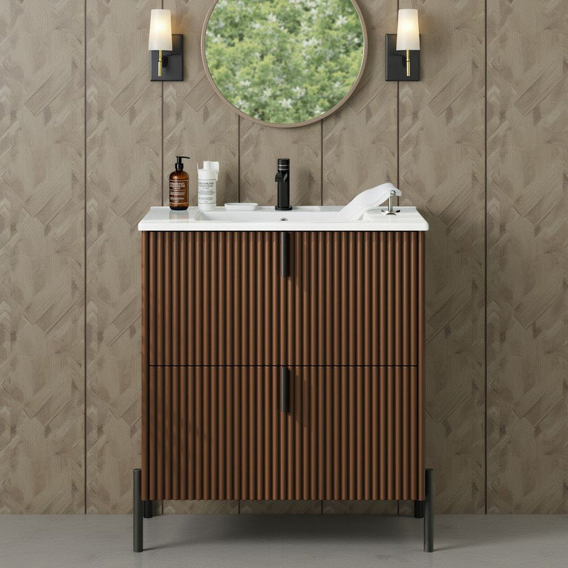 Meuble-lavabo 30 po avec tiroirs divisés et lavabo en céramique, Noyer