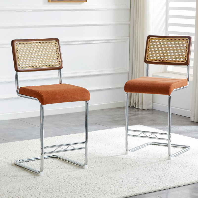 Upholstered Counter Stool with Rattan Cane Back and Metal Frame (Set of 2), Orange/Velvet