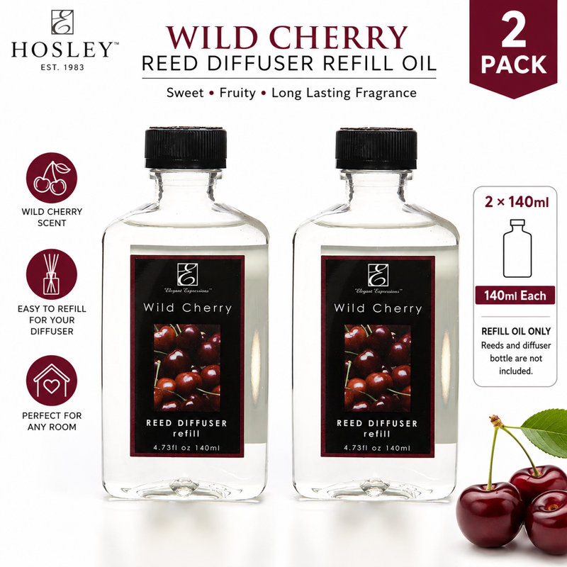 Recharge de parfum de roseau Hosley Wild Cherry, ensemble de 2 (140 ml chacune), recharge de parfum de maison longue durée pour aromathérapie, salon, salle de bain et bureau