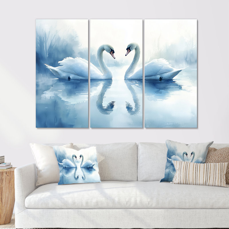Cygnes tranquilles sur le lac II - Art mural oiseau - 3 pièces, H 28 po x l 36 po, Toile tendue, Ne s’applique pas