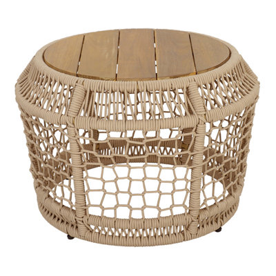 Table d'appoint ronde en bois d'acacia avec structure en corde tissée beige clair, plateau en teck, capacité de 150 lb, aucun assemblage requis, table d'appoint résistante aux intempéries pour le salon de patio