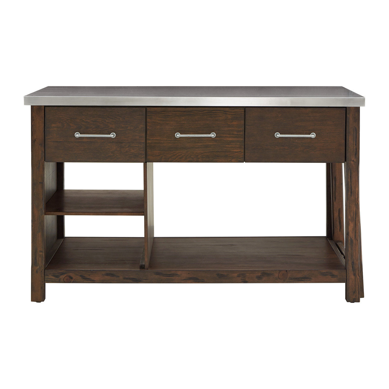 Tinka 3-Drawer Rectangle Pine Kitchen Island , Stainless Steel, Brown