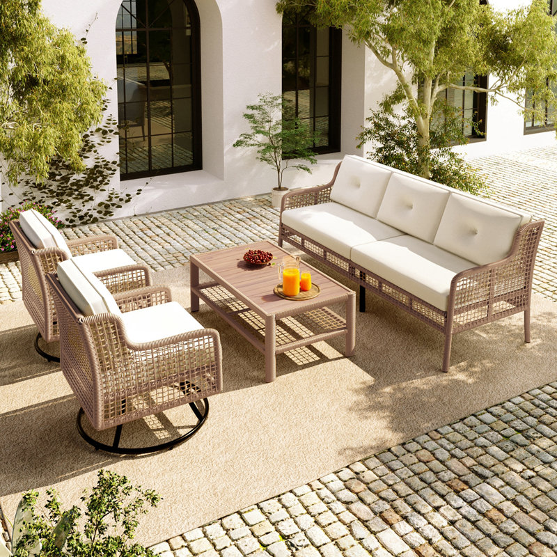 4 Pieces Patio Furniture Set with Swivel Chairs, Beige