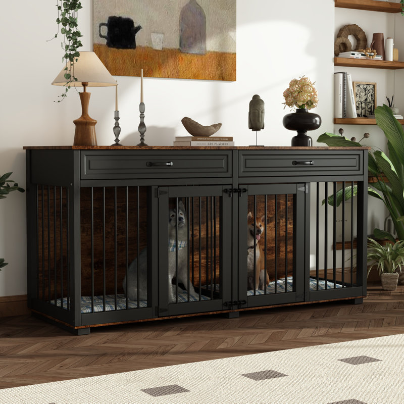 Dorien Furniture Style Crate with 2 Doors, 31.9" H x 64.6" W x 23.6" D, Tiger Skin/Black and Tiger Skin