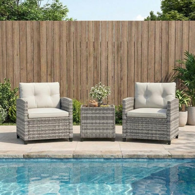 Garvee 3 Piece PE Rattan Patio Furniture Set, Outdoor Chairs and Table Set with Tempered Glass Tabletop and Cushions, Patio Conversation Set for Patio, Balcony, Poolside, Grey and Beige