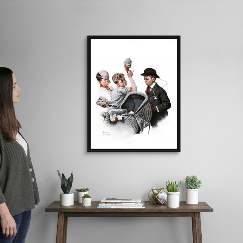 Garçon avec landau, art mural sur toile, H 32 po x l 26 po x P 1,75 po, Cadre flottant noir
