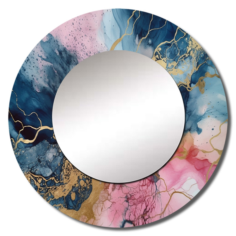 Philicity Exploring The Depths Of Pink Geode IV - Marble Large Mirror, Modern Round Unique Wall Mirror Decor, Printed Metal Art