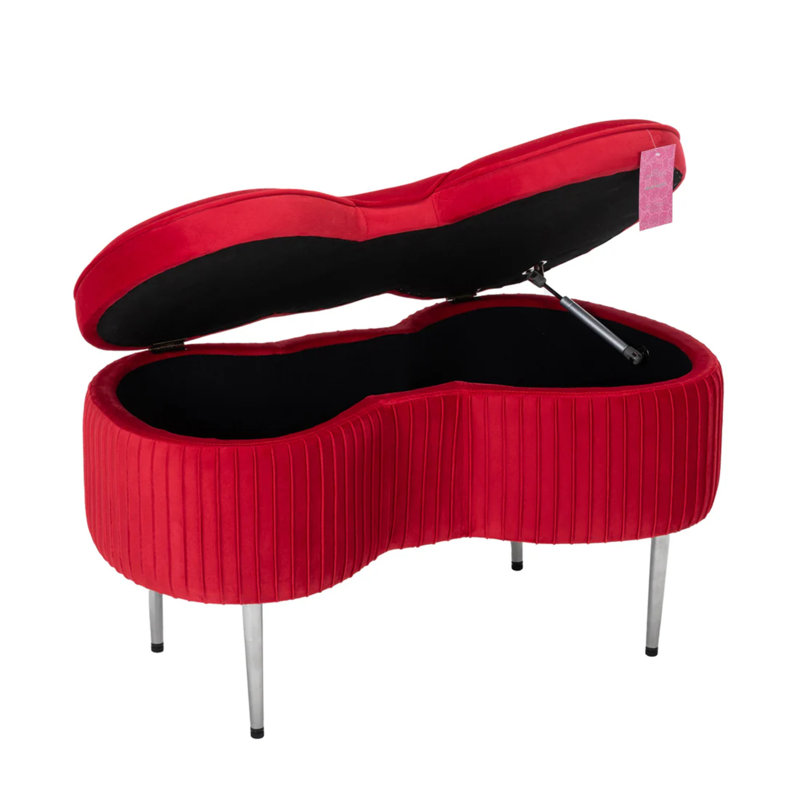 Hello Kitty Bow Velvet Storage Bench for Bedroom and Living Room, Upholstered Ottoman Organizer, Red, Silver
