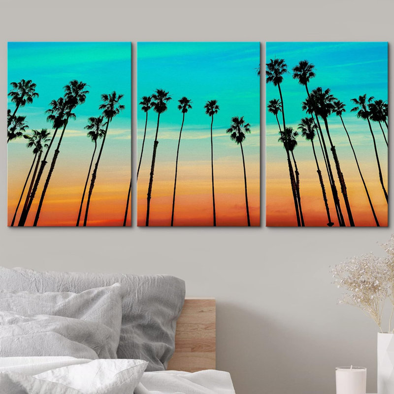 3 pièces californiennes, coucher de soleil et palmiers à Santa Barbara, États-Unis sur toile, 3 pièces