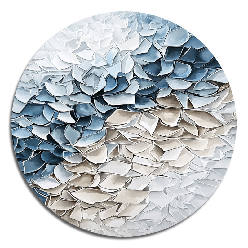 Blue White Flower Petals River - Abstract Geometric Large Round Wall Art, Blue Metal Wall Art, 36" H x 36" W
