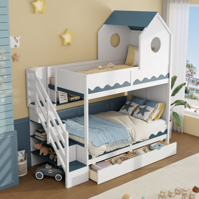 Lit superposé simple au-dessus de simple avec toit en forme de maison et escalier de rangement, cadre de lit en bois avec 2 tiroirs sous le lit, tablettes, DEL, blanc