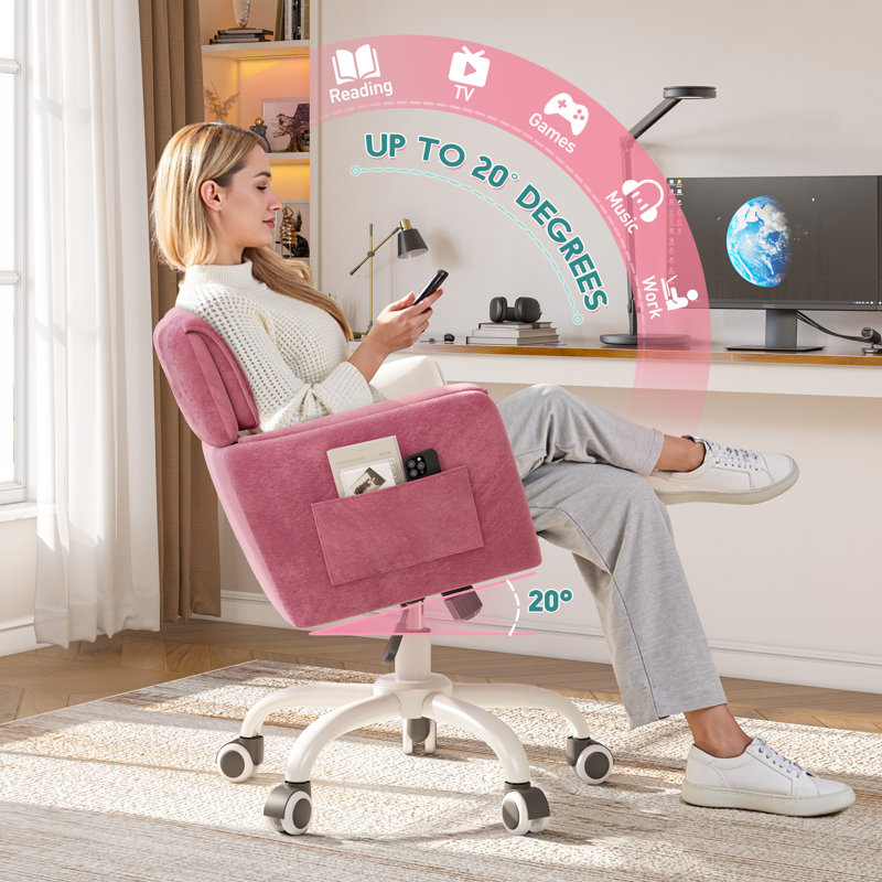 Upholstered Office Chair With Side Pockets, White, Pink