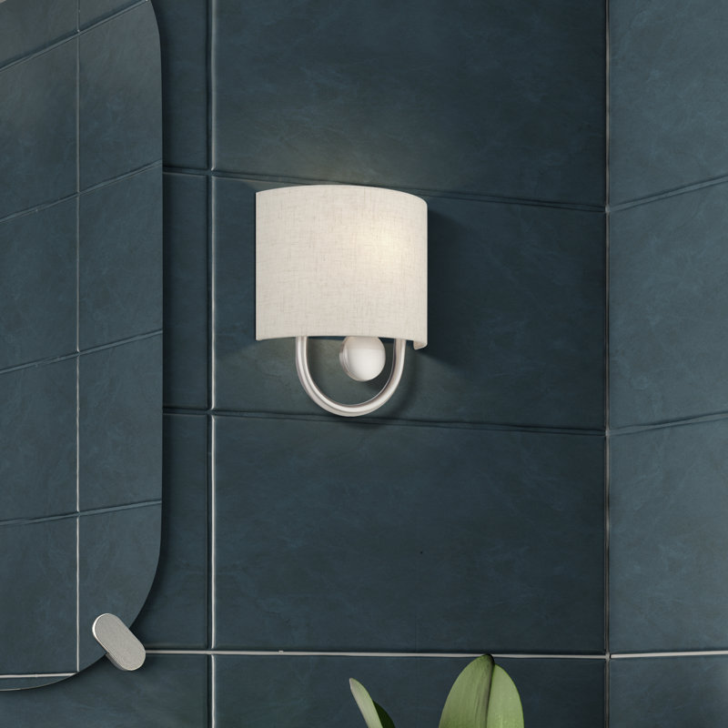 1 Light English Bronze ADA Sconce With Hand Crafted Oatmeal Fabric Shade With White Fabric Inside, Brushed Nickel