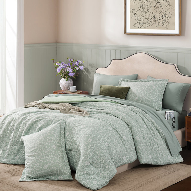 Comforter Set - 7 Pieces Pink Floral Bedding Sets for All Seasons, Farmhouse Bed in a Bag Queen with Wildflowers Fluffy Comforter, Sheets, Pillowcases & Shams