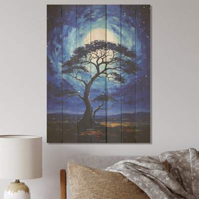 Blue Serengeti Tree IV - Arbre africain sur bois