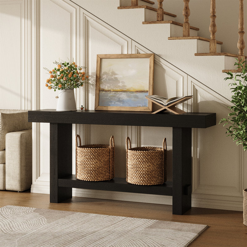 63" Solid Wood Console Table, Farmhouse Entryway Table For Hallway, Entrance, Living Room, Easy Assembly, Black