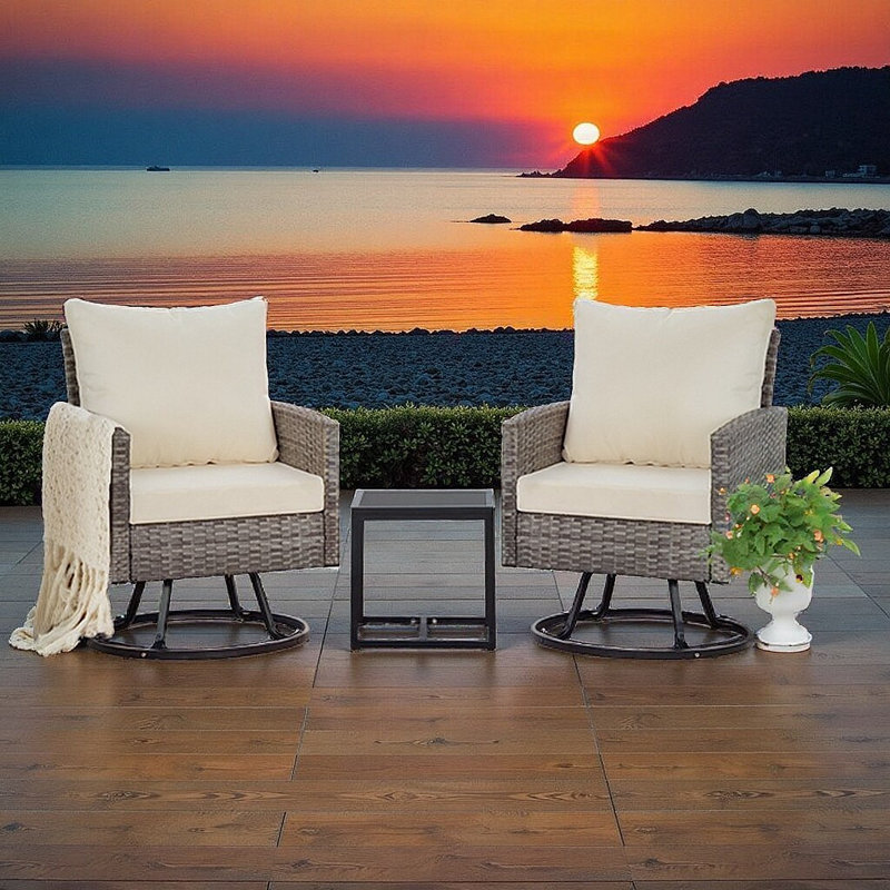 Ensemble de chaises pivotantes 3 pièces en osier PE avec rotation à 360 ° et table basse, Gris, Beige