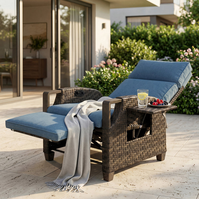 Garden Air Pump Lounge Chair with Cushion, Independent Back & Footrest Adjustment, Dark Brown, Blue