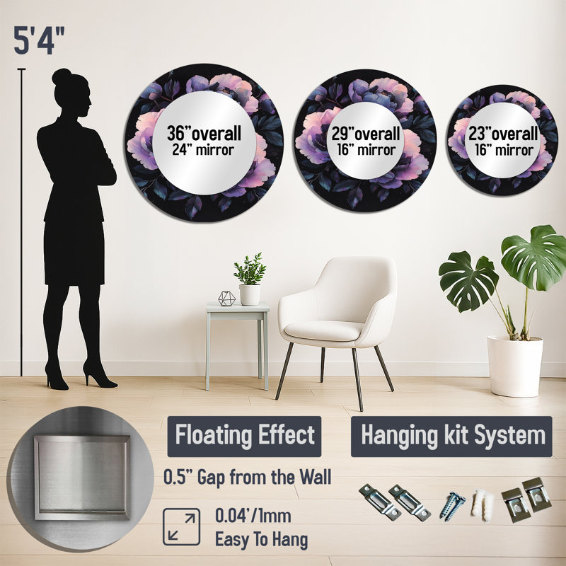 Fleurs de pivoines roses et mauves - art mural traditionnel en miroir - imprimé sur métal, 29 po x 29 po