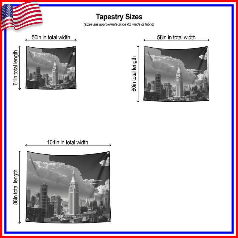 Tapisserie murale paysage urbain noir et blanc - décoration murale architecture, 68 po H x 80 po L avec 4 œillets