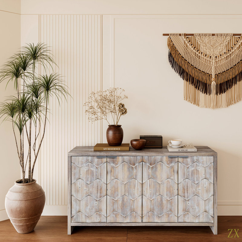 Armoire de rangement à 4 portes en bois de style campagnard Accent, Bois naturel délavé, Gris