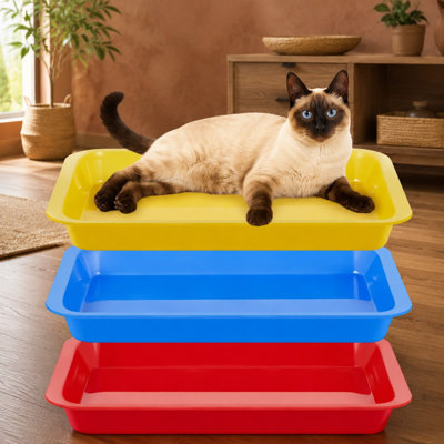 3 Pcs waterproof plastic litter boxes measuring 17.3 x 13.6 x 1.6 Inch, with a shallow low-entry open shape for senior cats, kitten training, rabbit use, and travel.