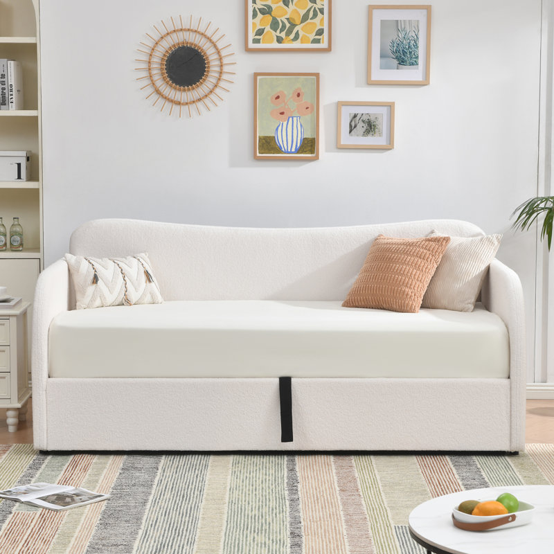 Boucle Curved Upholstered Daybed with Hydraulic Lift Up Storage , White
