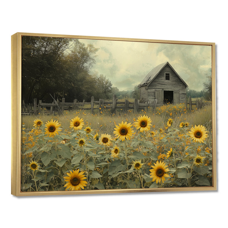 Crantor Sunflowers par la boîte à outils - Art mural grand tournesols, H 12 po x l 20 po, Impression encadrée flottante, Doré