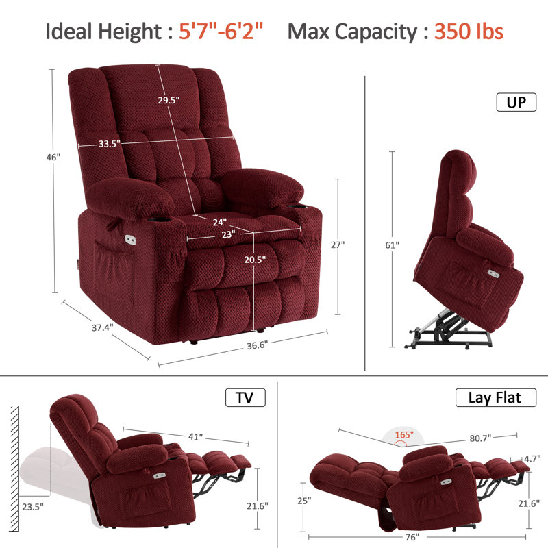 93cm Wide Lift Assist Standard Recliner with Massager, Burgundy