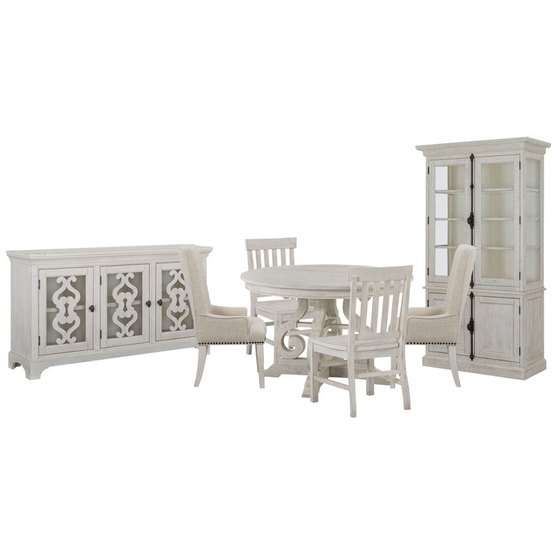 48" Round Dining Table With 2 Side Chairs 2 Host Chairs Server And Dining Cabinet, White, White